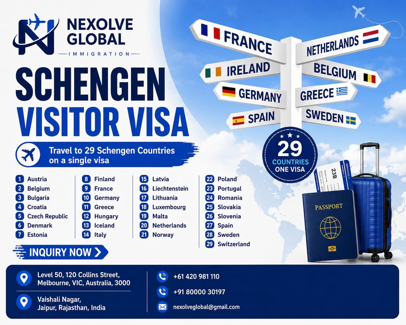 Nexolve Global Schengen visitor visa carousel listing 29 Schengen countries